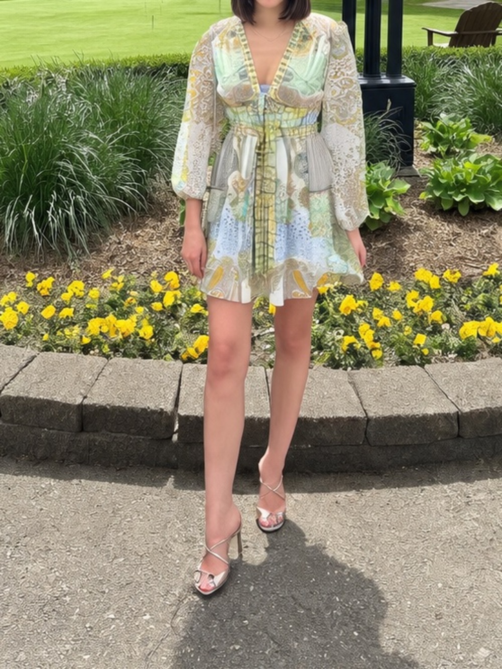 Alexis Tessie Rococco Paisley Tie Front Long Sleeve Mini Green Dress Size XS